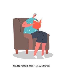 Aged Female Character Reading Hobby, Relaxed Sparetime, Leisure and Recreation at Home. Senior Grey Haired Woman in Glasses Sitting in Armchair with Book in Hands. Cartoon Vector Illustration