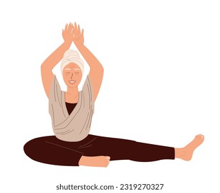 Aged Female Character Stretching,Realxing with Raised Hands.Retired Woman Engaging Yoga Practice Isolated, White Background.Woman Meditating,Practising.Pilates,Training Class.Flat Vector Illustration