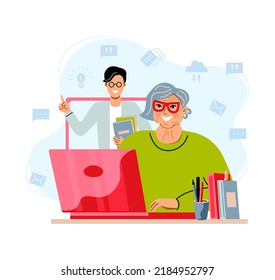 Aged female person is using laptop for learning. Online education, home schooling, active lifestyle and technology using concepts. Flat cartoon style vector illustration.