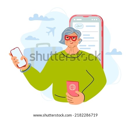 Aged female person is using technologies and showing e-ticket on smartphone screen. Oldies traveling concept. Flat cartoon style vector illustration.