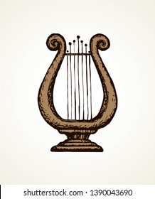 Aged folk celtic golden Lire icon isolated on white background. Freehand line ink hand drawn logo emblem pictogram in artistic doodle roman style pen on paper space for text. Closeup view