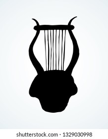 Aged folk celtic wood Lire icon isolated on white background. Dark ink hand drawn logo pictogram emblem sketch in artistic roman contour engrave print style on paper space for text. Closeup view