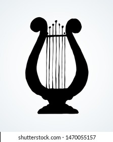 Aged folk celtic wood Lire icon isolated on white background. Dark ink hand drawn logo pictogram emblem sketch in artistic roman contour engrave print style on paper space for text. Closeup front view