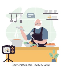 Aged food blogger explain on camera how to cook healthy meal. Grandfather cook for vlog. Senior chef teach cook new recipe. Video tutorial, cooking food class. Kitchen interior. Vector illustration