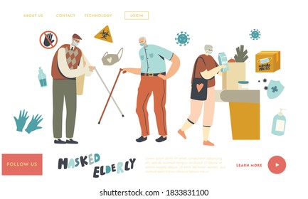 Aged Friends Non-contact Greet Landing Page Template. Senior Characters in Mask and Greeting Each Other with Walking Canes during Coronavirus Epidemic, Visit Grocery. Linear People Vector Illustration