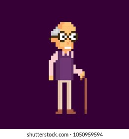 Aged gentleman with cane long thin stick with curved handle. Pixelart icon set. Old school computer graphic style. Decorative element design for logo, sticker, web, mobile app. Game assets 8-bit sprit