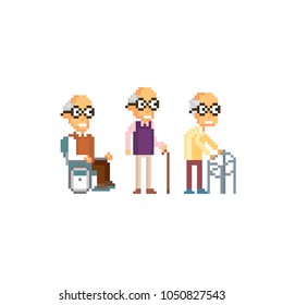 Aged gentleman. Old school computer graphic style. Decorative element design for logo, sticker, web, mobile app. Game assets 8-bit sprite.