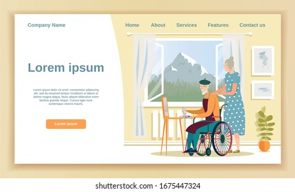 Aged Gentlemen in Wheelchair Painting, Sitting in Front Easel, His Wife Watching, Standing Next to Him. Cozy Room at Home or in Nursing Home. Window Facing Mountain. Landing Page with Copy Space.