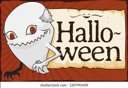 Aged ghost with spooky smile and a greeting sign like a old scroll for Halloween celebration.