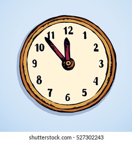 Aged golden horologe ticker timekeeper control isolated on white wall backdrop. Bright color ink hand drawn picture sign sketchy in art scribble style pen on paper. Closeup view with space for text