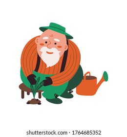 Aged grandfather take care of plants while gardening. Pensioner active. Cartoon character.