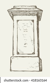 Aged Granite Greek Carved Pylon Block Plinth Ornate Base Isolated On White Backdrop With Space For Text. Freehand Outline Ink Hand Drawn Symbol Sketch In Doodle Style Pen On Paper