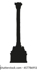Aged granite pylon carved shaft grecian corinthian order on luxury base isolated on white backdrop. Black ink drawn symbol sketch in engraving style. View closeup with space for text