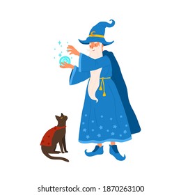 Aged gray haired mage conjure with magic ball. Portrait of old magician practicing wizardry with cat. Cute wise wizard. Flat vector cartoon illustration of funny sorcerer isolated on white