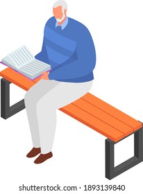 Aged gray haired male in jacket sitting outdoor park bench, old man hold and reading book cartoon vector illustration, isolated on white. Concept character relaxing place, wooden garden stool.