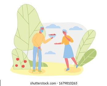 Aged Grey Haired and Bearded Man with Walking Stick, Holding Big Plate with Red Berries, Treating Wife with Fruit from Their Garden. Senior Woman, Wearing Glasses, Helping Husband to Reap Harvest.