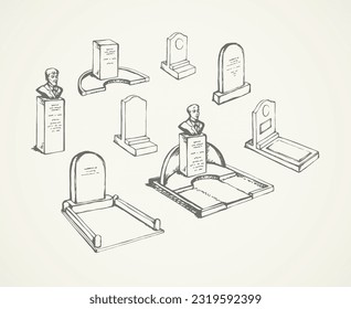 Aged grunge cemetary head site wall design object view on white yard backdrop. Line dark black hand drawn creepy funer grief spirit logo emblem in retro art doodle style pen on paper space for text