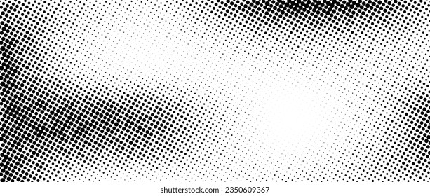 Aged halftone faded wavy gradient texture. Grunge dirty speckles and spots background. Black and white uneven sand grain wallpaper. Retro random pixelated comic vector backdrop