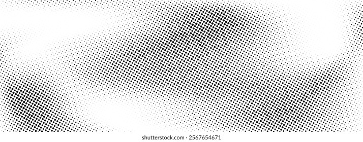 Aged halftone gradient background. Faded dotted grit noise texture. White and black rasterized sand wallpaper. Retro pixelated backdrop. Anime or manga style comic grain overlay. Vector grunge bitmap