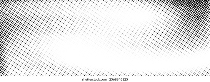 Aged halftone gradient background. Faded dotted grit noise texture. Black and white grunge rasterized sand wallpaper. Retro pixelated bitmap backdrop. Anime or manga style comic grain overlay. Vector