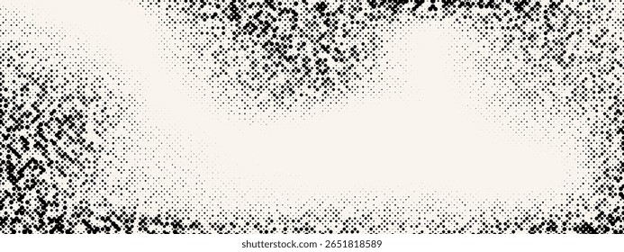 Textura de gradiente de ruído de meio-tom antigo. Grunge manchas sujas e fundo de manchas. Papel de parede de grãos de areia desbotado branco e preto. Pop-art de vetor arenoso