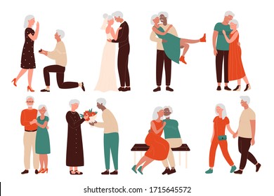 Aged happy loving couples character flat concept vector illustration set. Senior men and women time together, marriage proposition, wedding, sitting in hug on bench, walking hand in hand