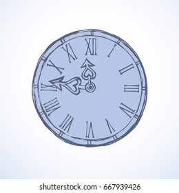 Aged horologe ticker timekeeper control isolated on white wall backdrop. Freehand outline black ink hand drawn picture sign sketchy in art scribble style pen on paper. Closeup view with space for text