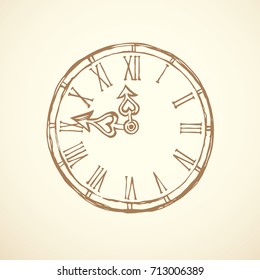 Aged horologe ticker timekeeper control isolated on white wall backdrop. Freehand outline brown ink hand drawn picture sign sketchy in art scribble style pen on paper. Closeup view with space for text