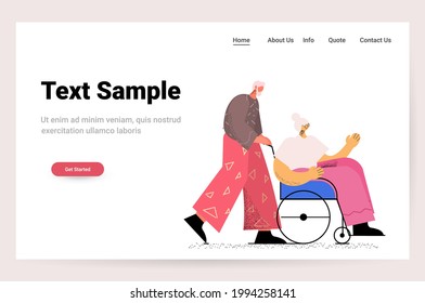 aged husband caregiver with senior woman in wheelchair walking together heathcare concept