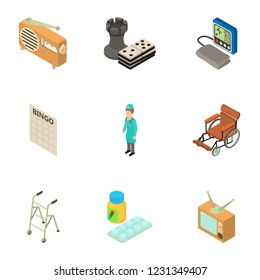 Aged icons set. Isometric set of 9 aged vector icons for web isolated on white background