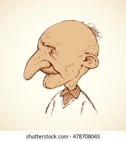 Aged infirm oldster baldheaded graybeard isolated on white background. Freehand outline ink hand drawn icon sketchy in retro scribble style pen on paper. Side view closeup with space for text