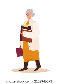 Aged Lady in Business.Advantages of Aged Women in Business.Senior Caucasian Business Person,Confident Aged Female Character with Folders,Briefcase.Cartoon People Vector Illustration isolated on white