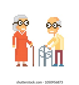 Aged lady and gentleman. Old school computer graphic style. Decorative element design for logo, sticker, web, mobile app. Game assets 8-bit sprite.
