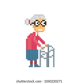Aged lady walking with a walker. Pixelart icon. Old school computer graphic style. Decorative element design for logo, sticker, web, mobile app. Game assets 8-bit sprite.
