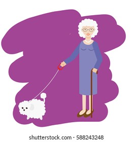 Aged lady walking with white fluffy dog. Old women, elderly grandmother with cane and with pet. Vector illustration