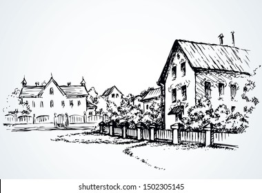 Aged line pencil cute historic poor edifice place scene view sky backdrop. Outline black ink hand drawn spring villa sign icon picture in art retro doodle engrave style pen on white paper text space