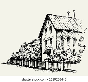 Aged line pencil cute historic poor edifice place scene view sky backdrop. Outline black ink hand drawn spring villa sign icon picture in art retro doodle engrave style pen on white paper text space