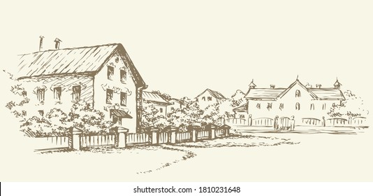 Aged line pencil cute historic poor edifice place scene view sky backdrop. Outline black ink hand drawn spring villa sign icon picture in art retro doodle engrave style pen on white paper text space