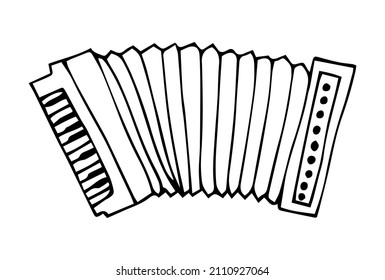 Aged loud accordian squeeze box with keypad on light backdrop. Freehand line black ink hand drawn musical acordion squeezebox logotype emblem in artistic obsolete cartoon engraving style pen on paper