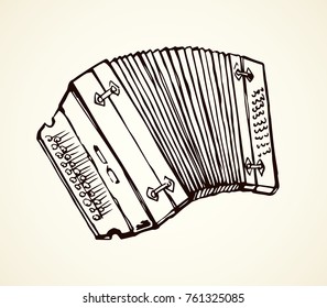 Aged loud accordian squeeze box with keypad on light backdrop. Freehand line black ink hand drawn musical acordion squeezebox logotype emblem in artistic obsolete cartoon engraving style pen on paper