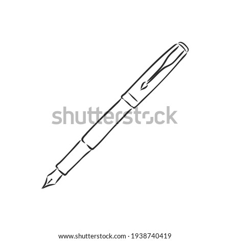 Aged luxury business steel basic tip of feather isolated on white backdrop. Freehand linear black color hand drawn picture logo sketchy in artsy scribble ancient style. Closeup view