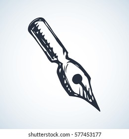 Aged luxury feather device isolated on white background. Freehand black outline hand drawn picture sketchy in artsy scribble ancient style. Closeup top view