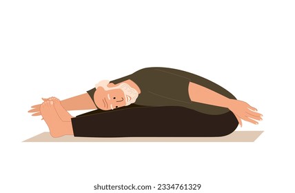 Aged Male Character do Sport,Stretching to the feets,Realxing in Yoga Practice Isolated,white background.Retired Man with flexible body,elastic muscles.Training Class,Elderly Person.Vector Illustratio