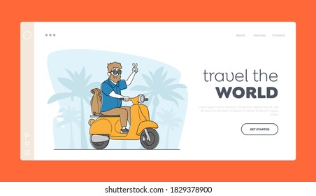 Aged Male Character Extreme Activity Landing Page Template. Senior Riding Motorbike with Backpack, Hipster Pensioner Active Lifestyle, Old Man Driving Fast on Scooter. Linear Vector Illustration
