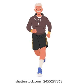 Personaje Masculino Anciano Corriendo. Caballero De Pelo Plateado Camina Constantemente Por El Camino, Demostrando Que La Edad No Es Una Barrera Para Su Trote Matinal. Un Anciano En Forma Está Corriendo. Ilustración vectorial de Personas de dibujos animados