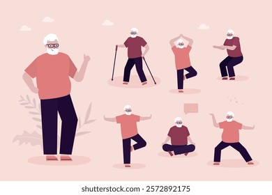 Aged male character practicing yoga, meditation and stretching. Set of multi ethnic elderly men active healthy lifestyle. Sports activities, happy retirement, healthcare concept. vector illustration