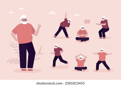 Aged male character practicing yoga, meditation and stretching. Set of multi ethnic elderly men active healthy lifestyle. Sports activities, happy retirement, healthcare concept. vector illustration