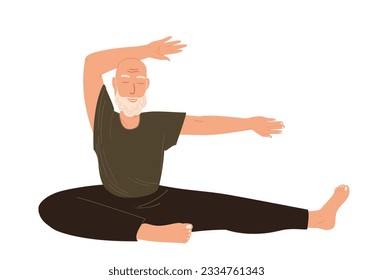 Aged Male Character Stretching,Realxing with Raised Hands.Retired Man Engaging Yoga Practice Isolated,White Background.Elderly Man Meditating,Practising.Pilates,Training Class.Flat Vector Illustration
