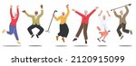 Aged Male and Female Characters Jump and Laugh. Happy Senior People Group Jumping with Raised Hands. Elderly Men and Women in Light Casual Clothes Joy and Happiness. Cartoon Vector Illustration