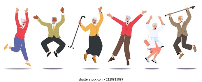 Aged Male and Female Characters Jump and Laugh. Happy Senior People Group Jumping with Raised Hands. Elderly Men and Women in Light Casual Clothes Joy and Happiness. Cartoon Vector Illustration